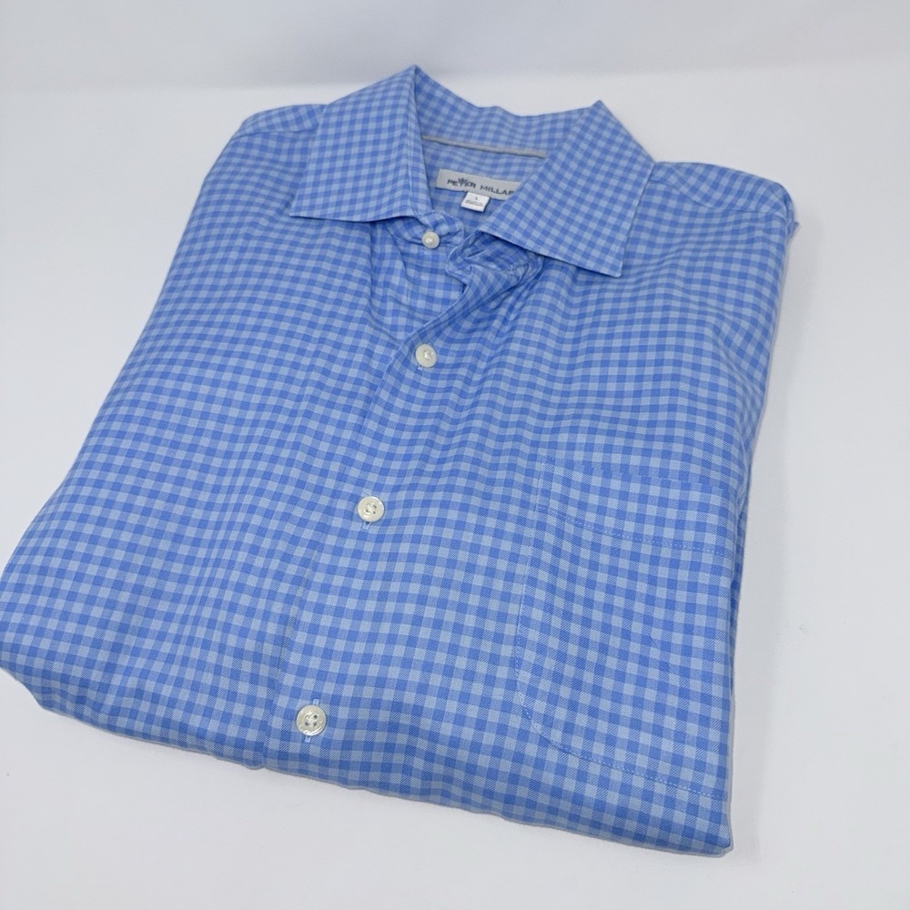 Peter Millar Men's Large Button Up Blue Gingham Long Sleeve Casual Shirt